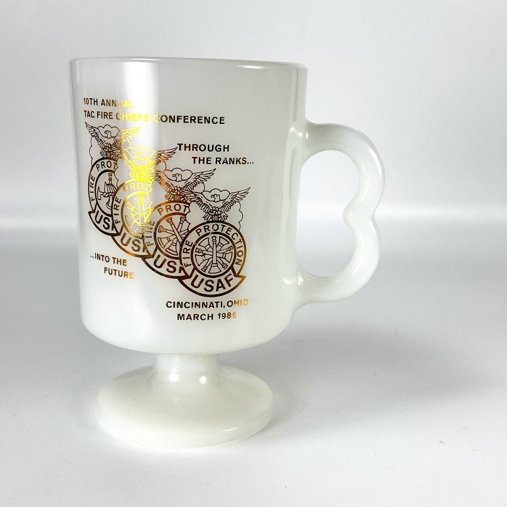Vtg Fire Chiefs Conference Coffee Cup Mug White Milk Glass Footed 80s